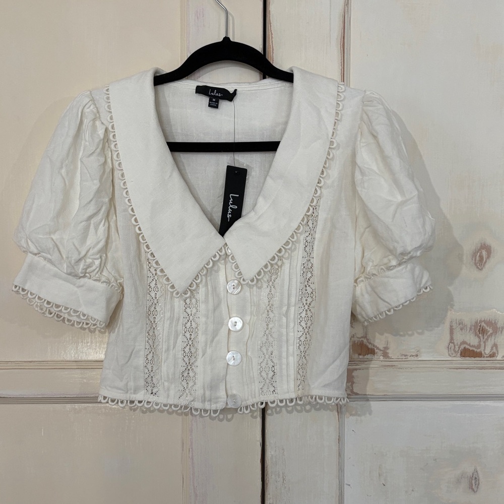Lulu's Cream Lace Button-Up Cropped Blouse